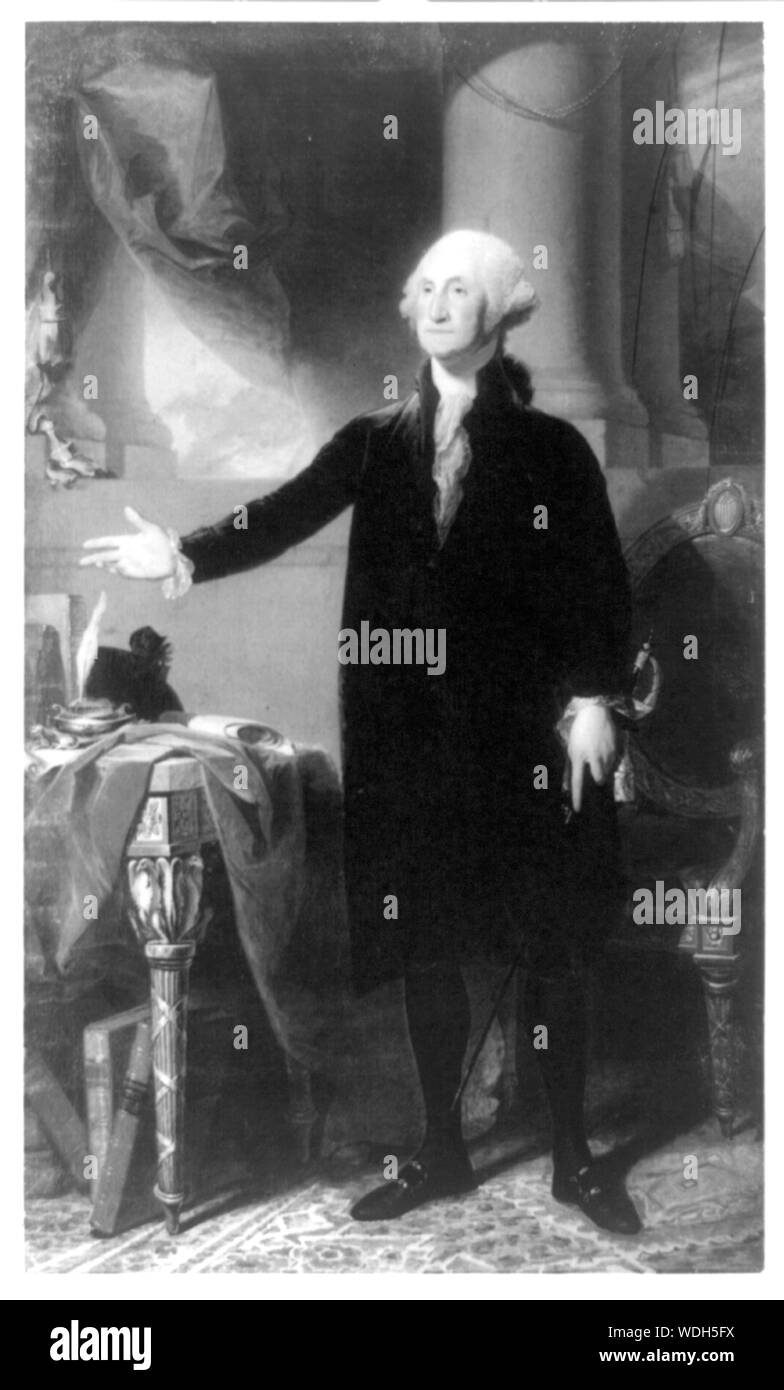 George Washington, ritratto a figura intera, in piedi, rivolto verso sinistra, lato destro sollevato al di sopra della tabella riassunto/medio: 1 photomechanical print. Foto Stock