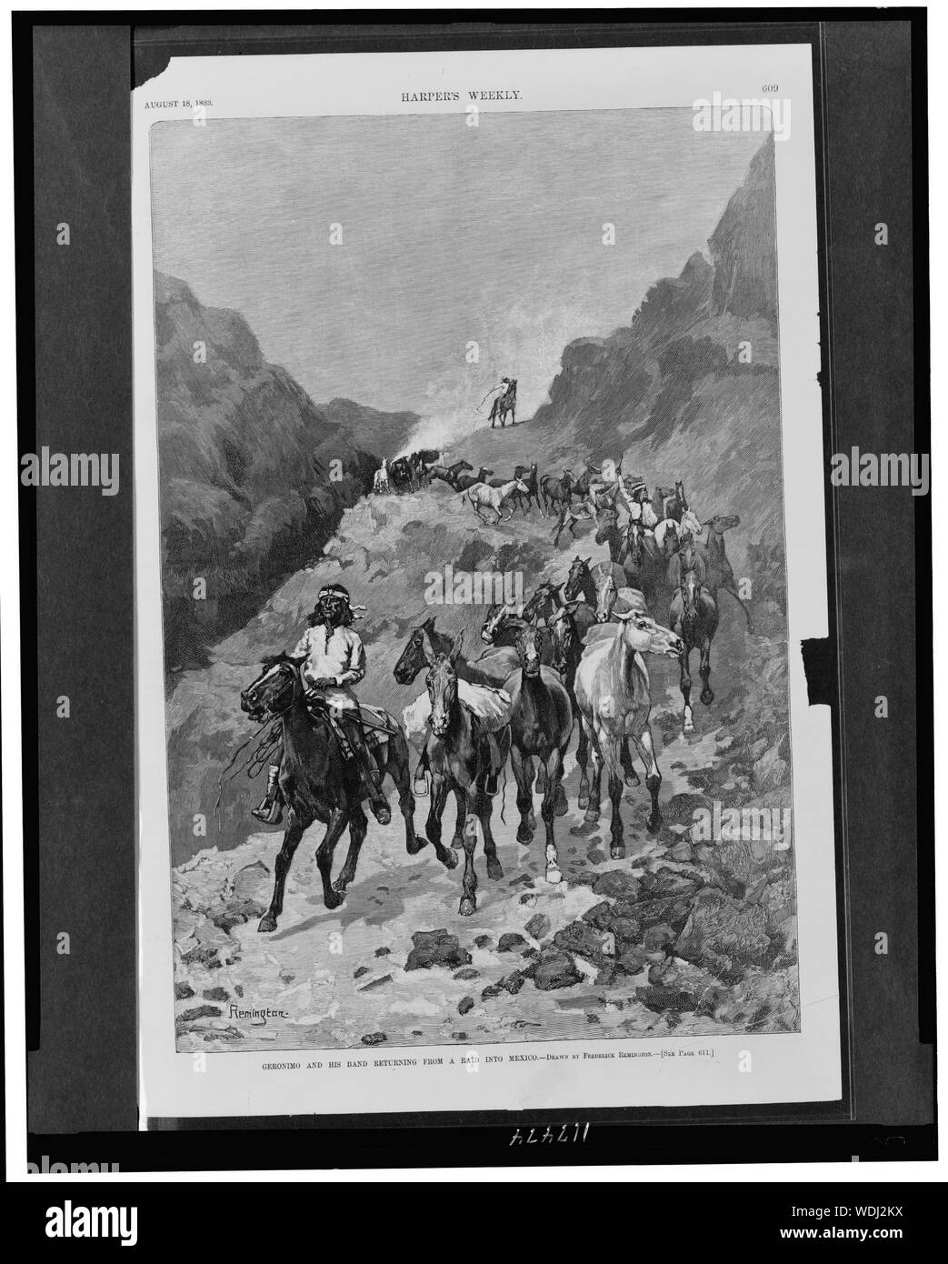Geronimo e la sua banda di ritorno da un raid in Messico / disegnato da Federico [sic] Remington. Abstract/medio: 1 stampa : incisione su legno. Foto Stock