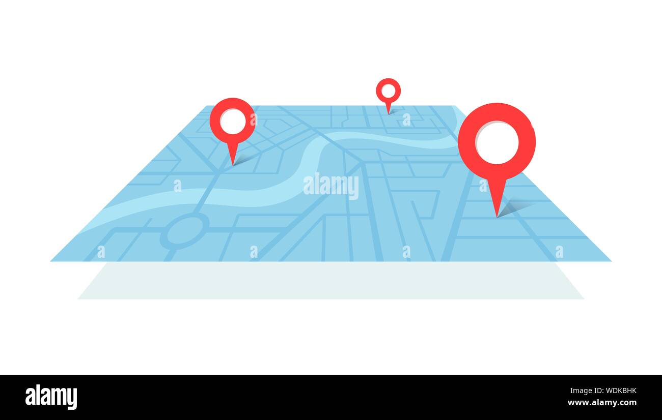 Mappa stradale della città con segnapunti di posizionamento del fiume GPS e percorso di navigazione dai punti A ai punti B. Schema di posizione dell'illustrazione isometrica della vista prospettica del colore blu vettoriale Illustrazione Vettoriale