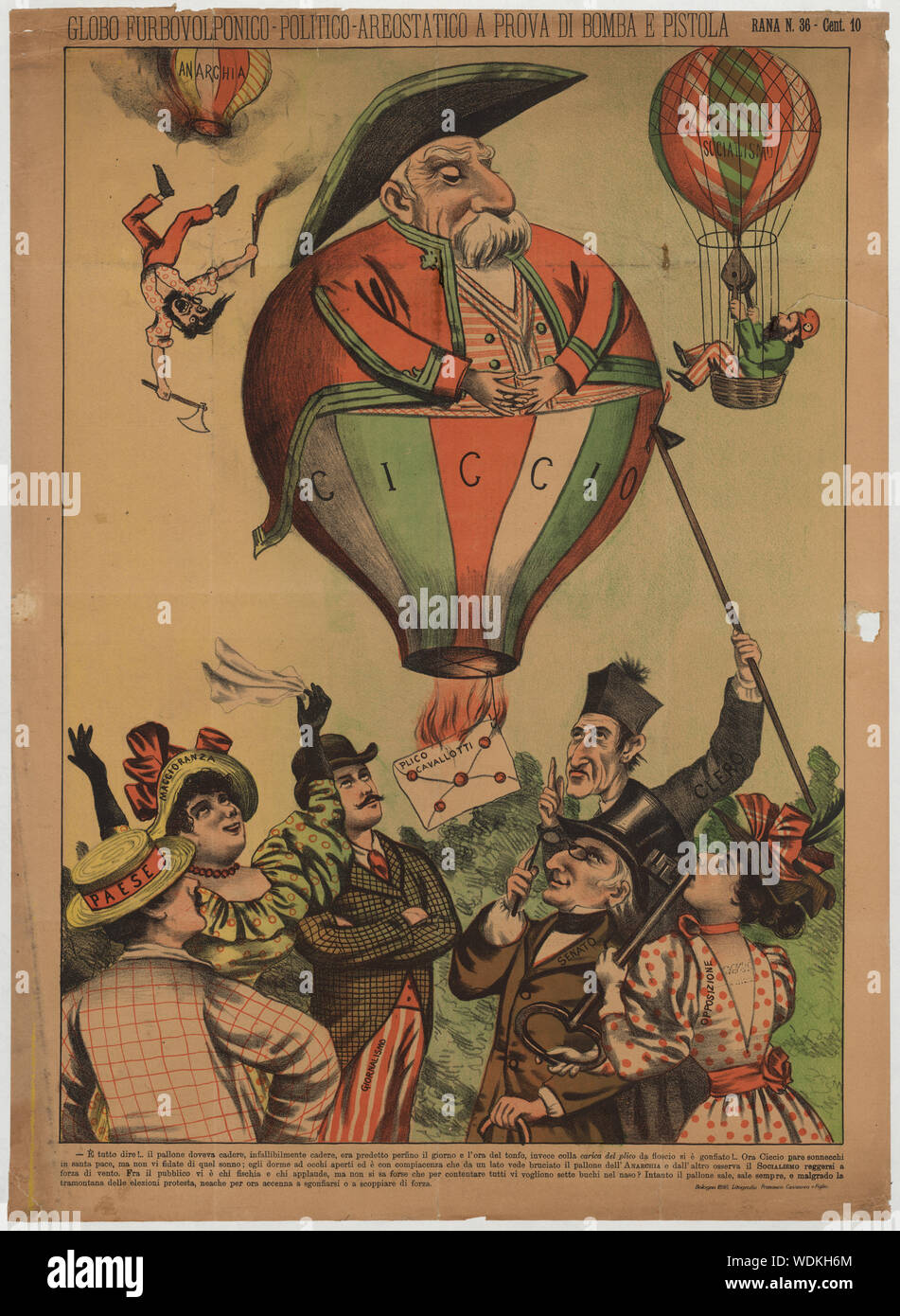 Globo furbovolponico-politico-areostatico a prova di bomba e pistola caricatura italiana di statista italiano Francesco Crispi mostrato come un palloncino di Ciccio passando al di sopra di un gruppo di uomini e donne in rappresentanza del paese, la maggioranza, la stampa, l'opposizione, il governo e la Chiesa ha alimentato dalle parole dei suoi critici. Crispi sembra essere il pilotaggio della nave italiana di stato attraverso il cielo tempestoso, circondato dall'anarchia e il socialismo. Foto Stock