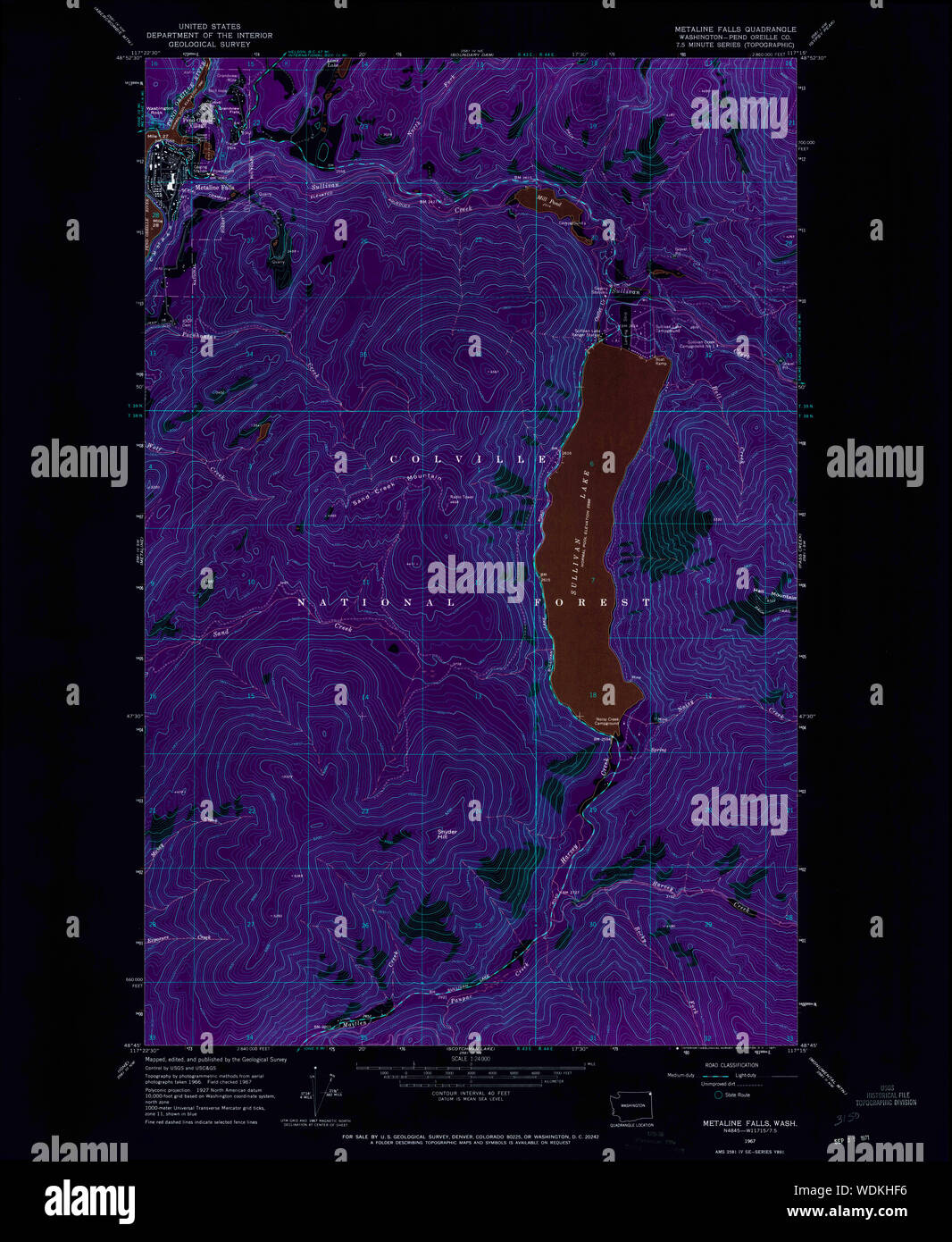 USGS TOPO Map Stato di Washington WA Metaline Falls 242306 1967 24000 Restauro invertito Foto Stock