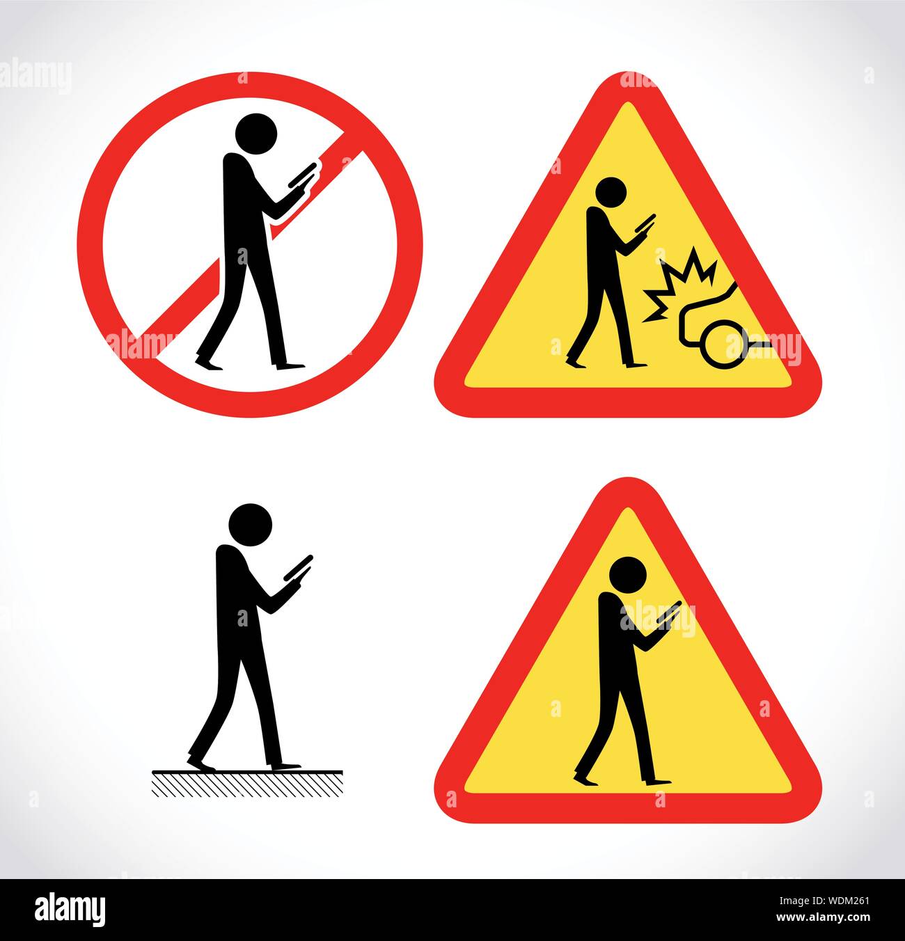 Pericolo sul cartello stradale concetto - Uomo con telefono mobile a piedi attraverso il bivio Illustrazione Vettoriale