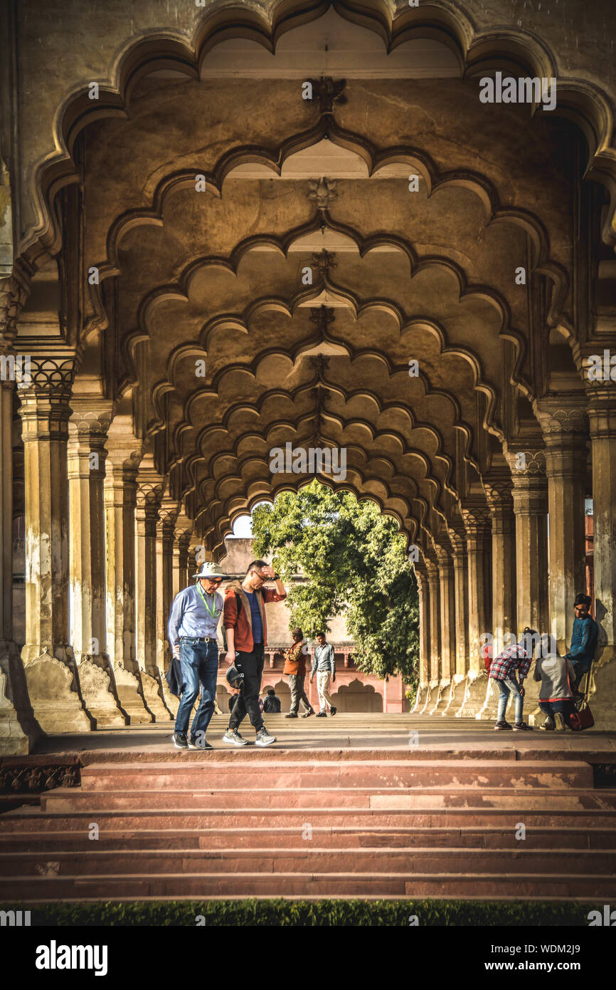 Gli archi del Red Fort in New Delhi, India. Foto Stock