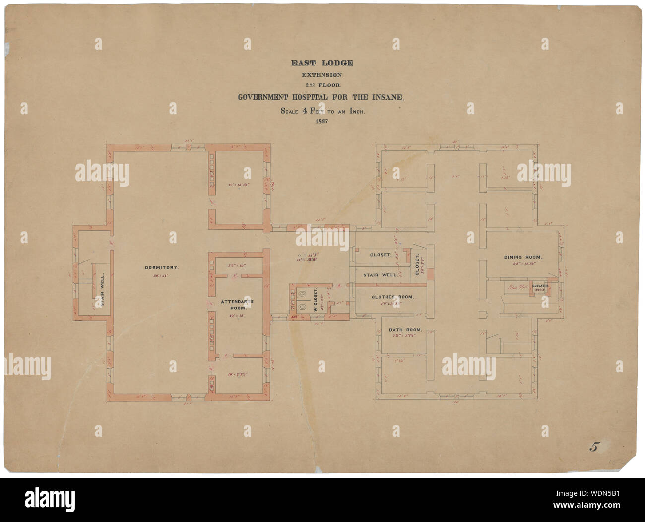 Ospedale governativo per il folle (Saint Elizabeths Hospital), Washington D.C. East Lodge estensione. Secondo piano piano Abstract/medio: 1 disegni : inchiostro e acquerello su foglio di carta 62,5 x 84,7 cm. Foto Stock