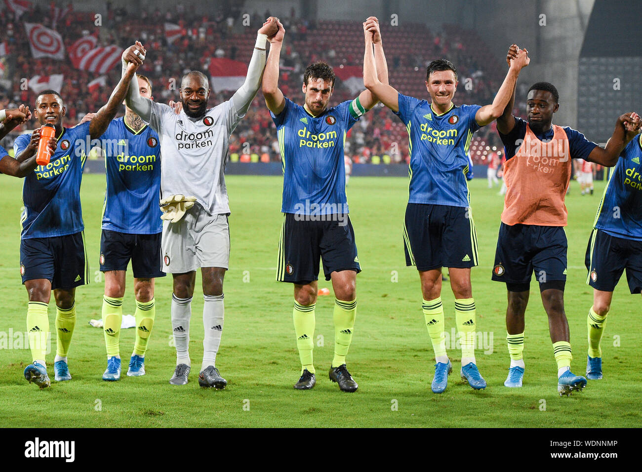 29 agosto 2019 Beer-Sheva, Israele Calcio UEFA Europa League Hapoel Beer-Sheva v Feyenoord Rotterdam 29-08-2019: Voetbal: Hapoel Beer Sheva v Feyenoord: Hapoel UEFA Europa League 2019/2020 Luciano Narsingh di Feyenoord, Rick Karsdorp di Feyenoord, portiere Kenneth Vermeer di Feyenoord, Eric Botteghin di Feyenoord, Steven Berghuis di Feyenoord, Lutshel Geertruida di Feyenoord Foto Stock