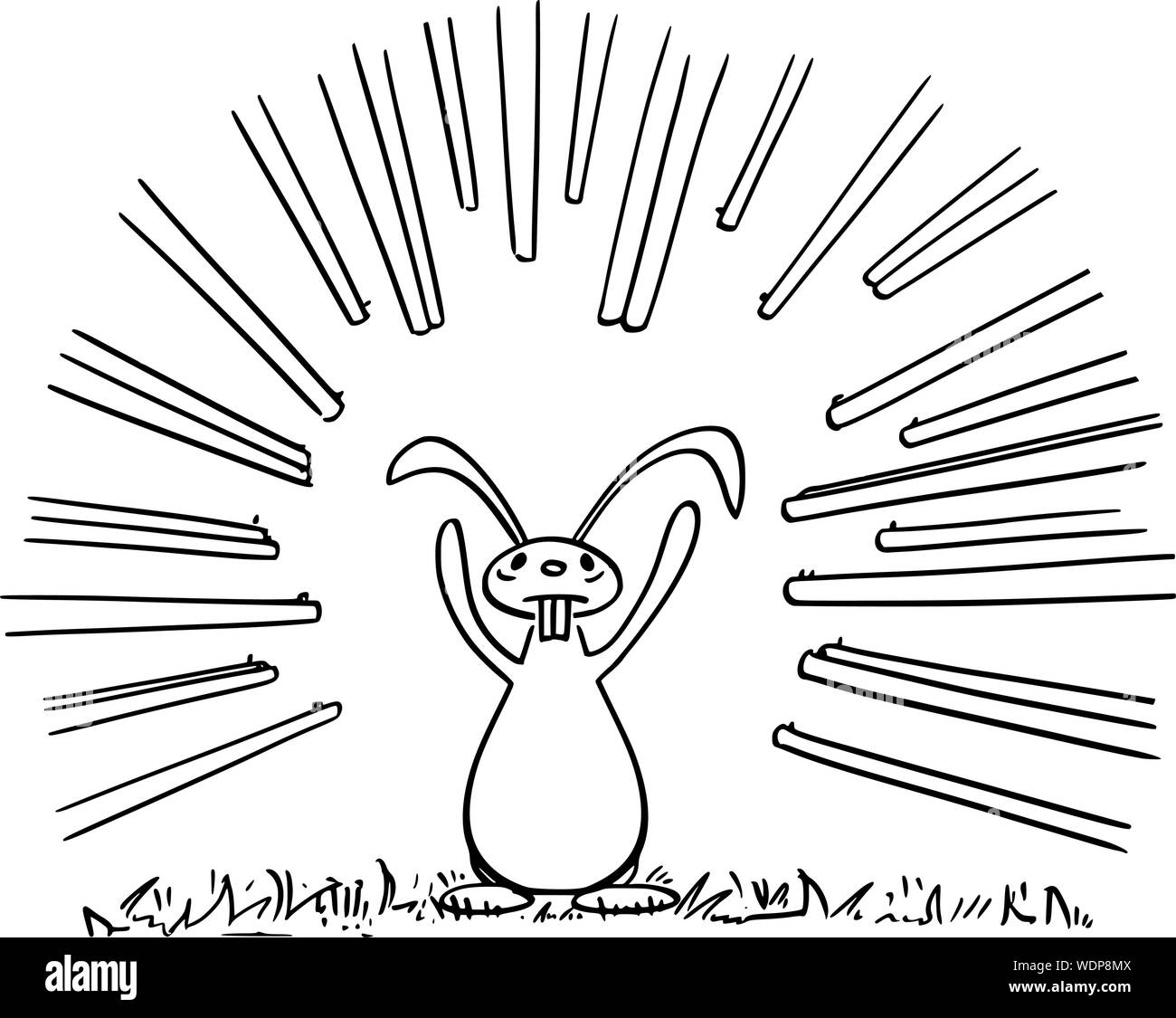 Vettore di disegno del fumetto illustrazione concettuale di coniglio o di lepre o jackrabbit con zampe o in alto le mani, si arrese quando deve affrontare molti riffles rivolti a lui o cacciatori. Illustrazione Vettoriale