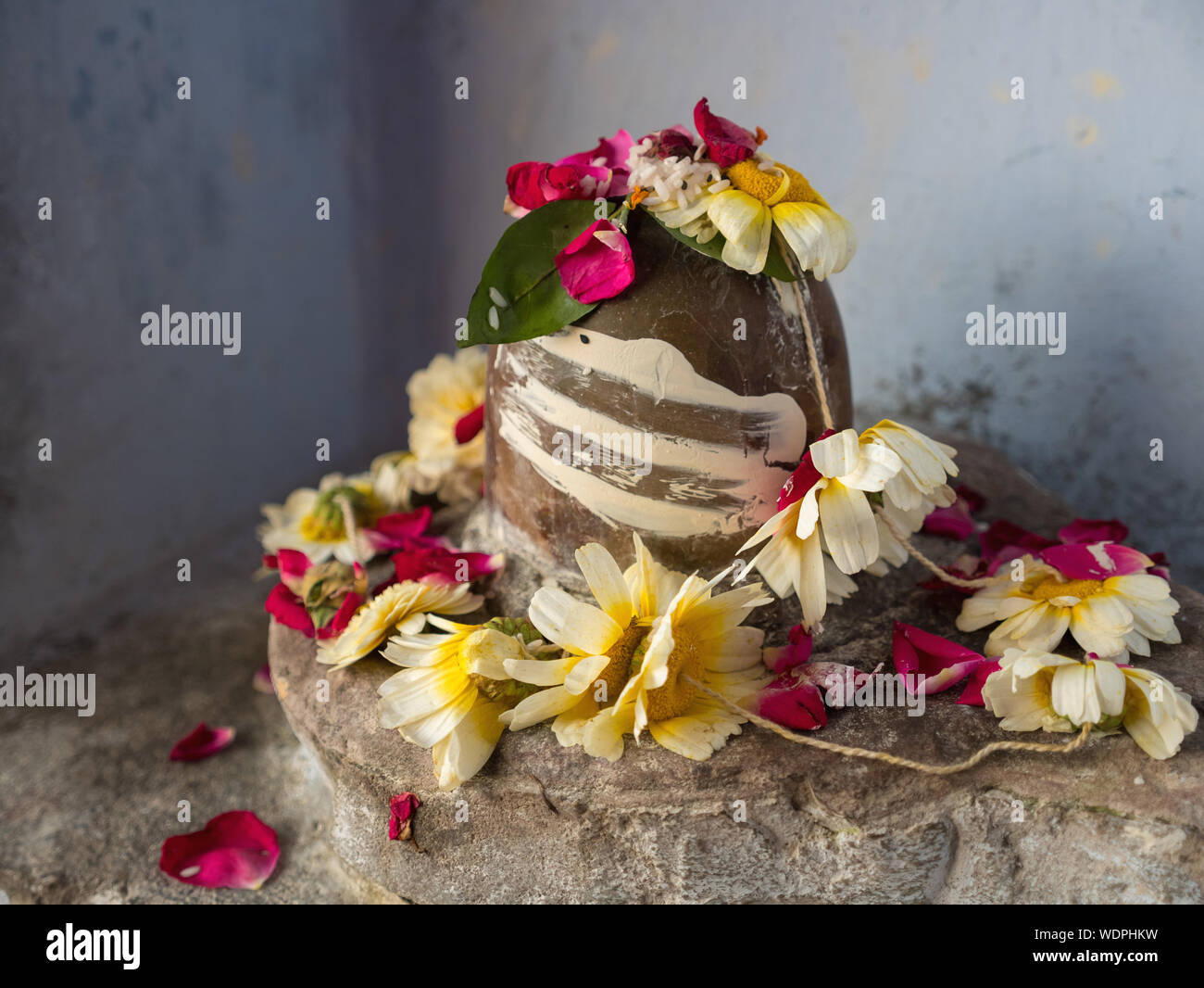 Shiva linga edicola decorata con fiori di Varanasi, Uttar Pradesh, India, Asia Foto Stock