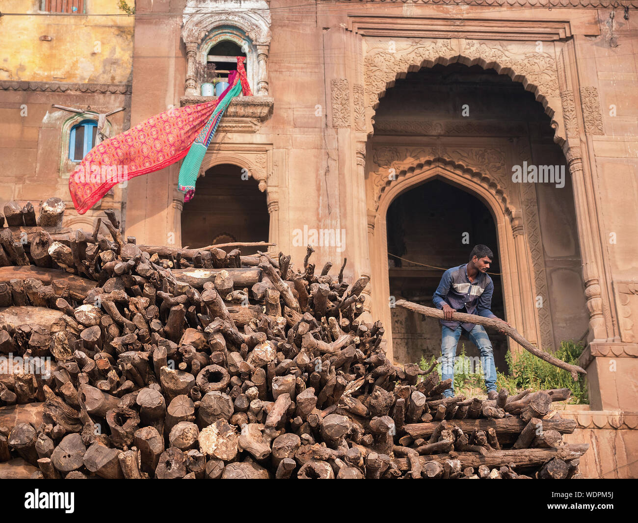 Uomo indiano impilatura legno per roghi a Manikarnika (Combustione) Ghat di Varanasi, Uttar Pradesh, India, Asia Foto Stock