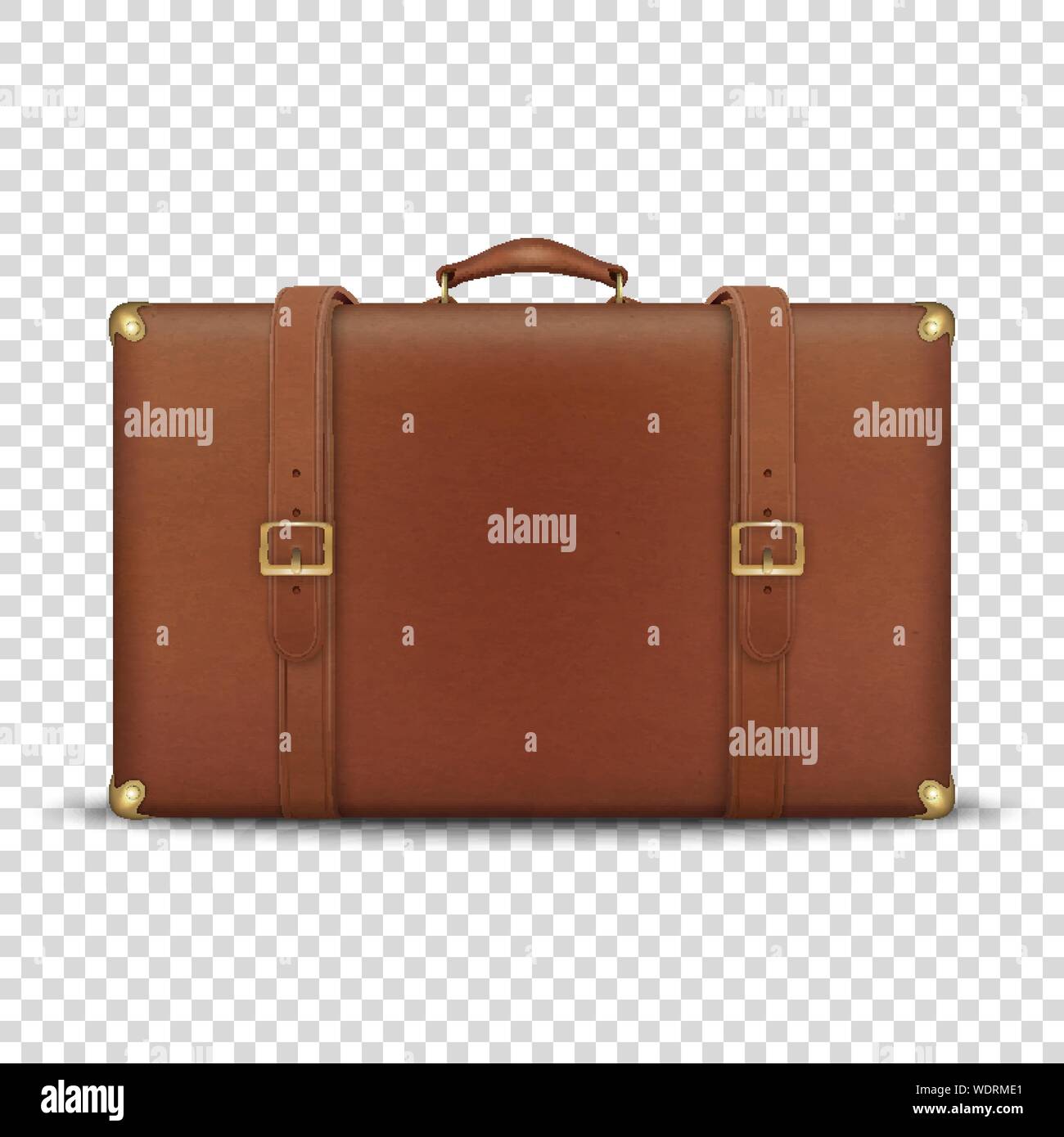 Vettore 3D realistici retrò marrone cuoio consunta valigia con angoli di metallo, cinghie e icona di maniglia Closeup isolato su sfondo trasparente Illustrazione Vettoriale