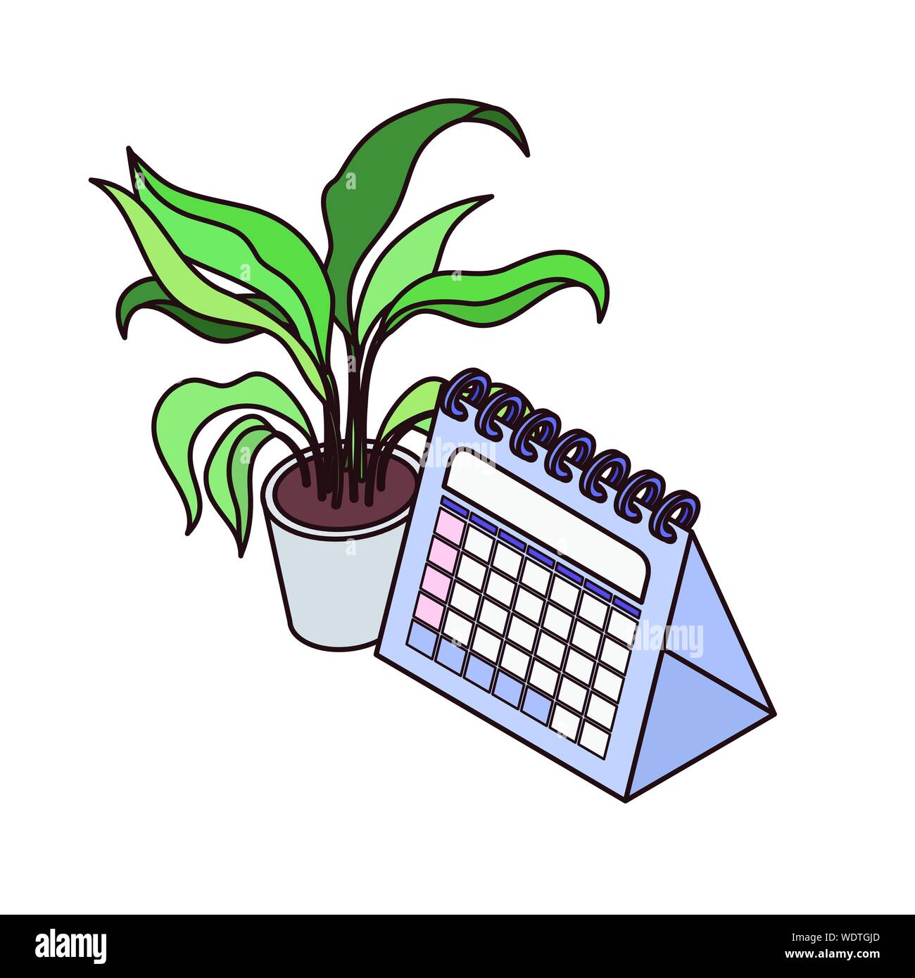 Promemoria calendario e houseplant su sfondo bianco Illustrazione Vettoriale