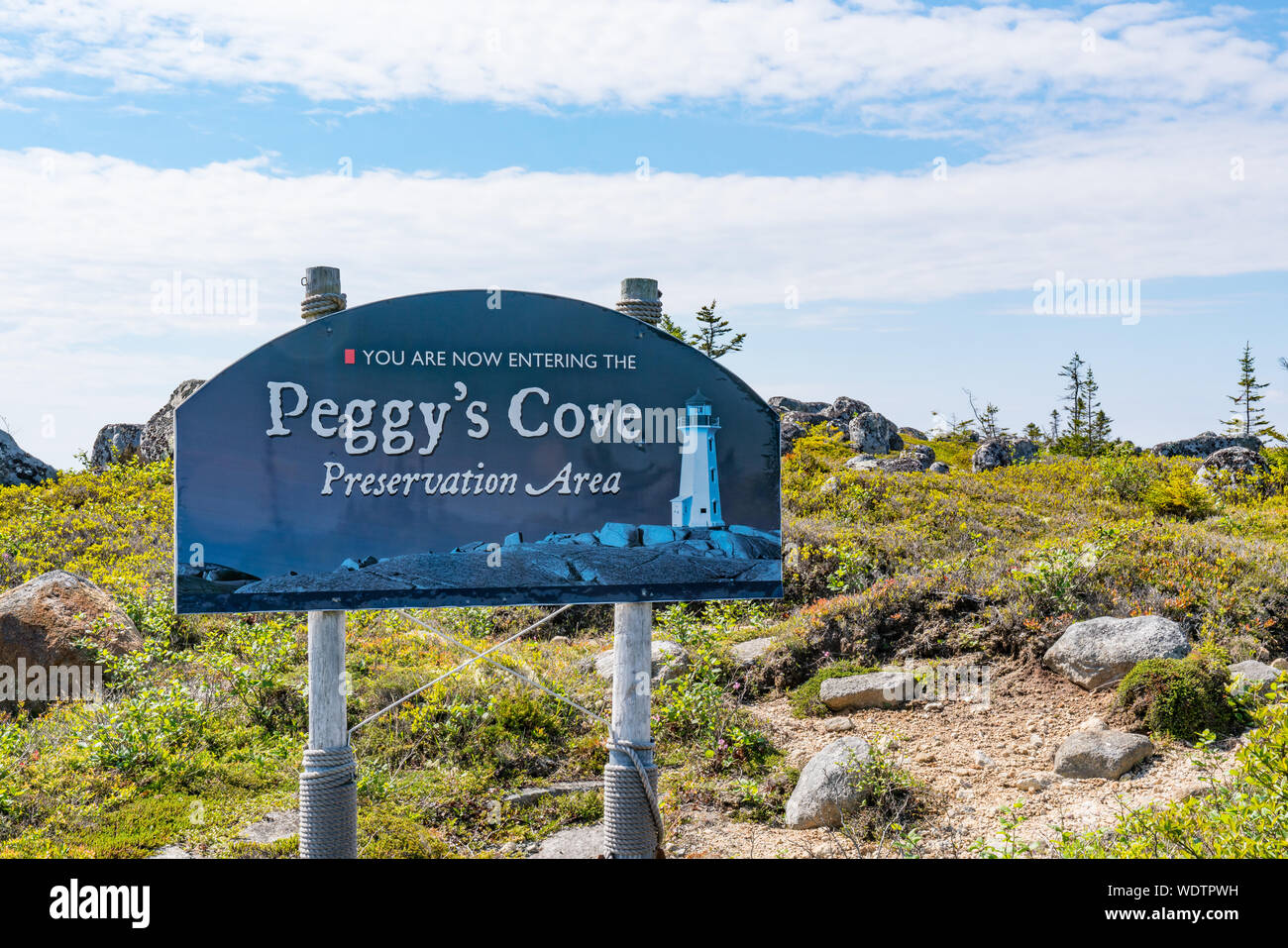 Peggy's Cove, Canada - 19 Giugno 2019: Peggy's Cove Area Perservation segno lungo la strada in Nova Scotia, Canada Foto Stock