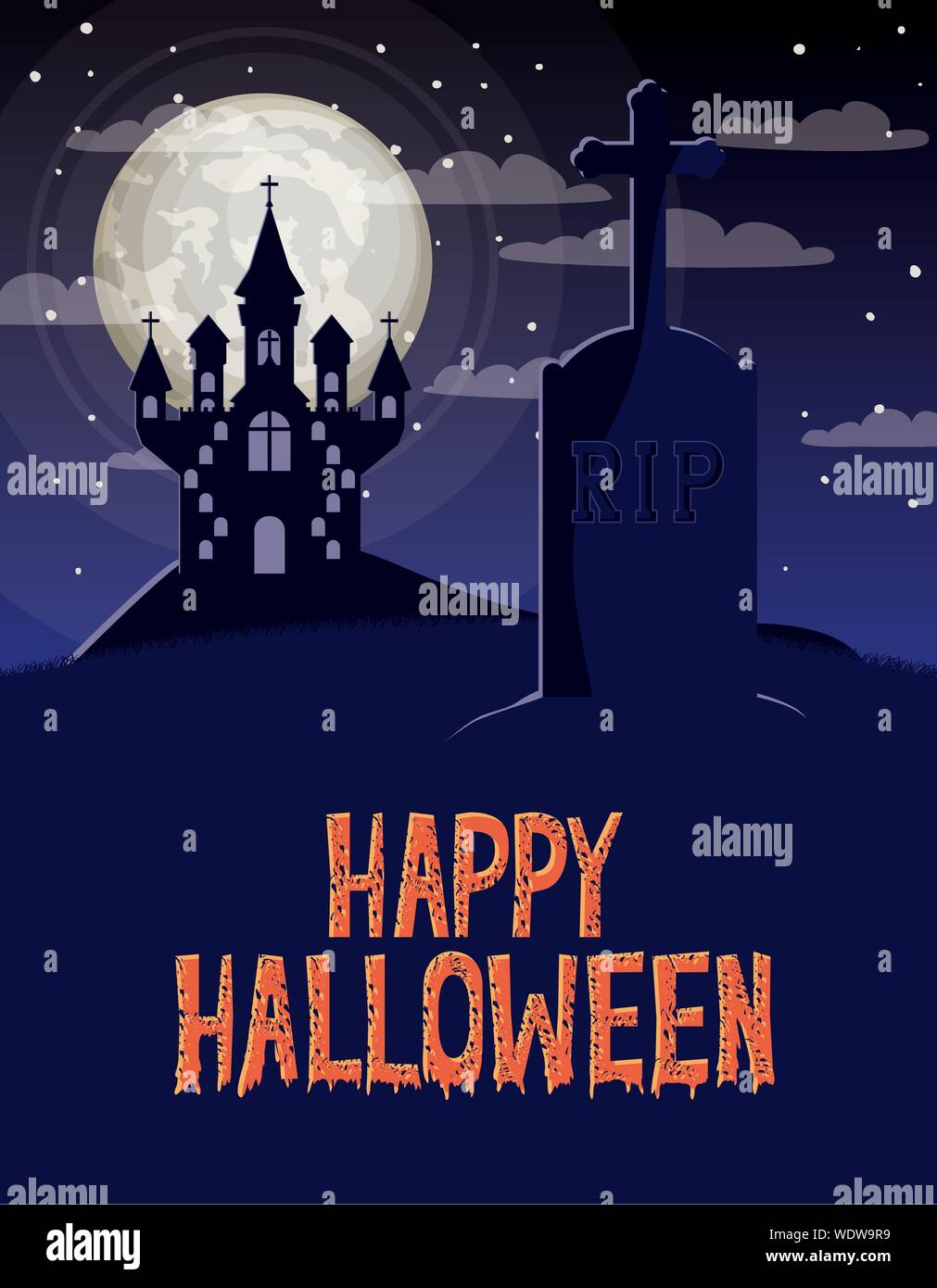 Festa di halloween card con cimitero e il castello di Scena Illustrazione Vettoriale