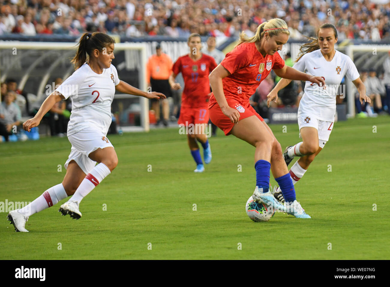 Lindsey Horan Stati Uniti Soccer - Lindsey Horan di noi donne la squadra di calcio di dribbling la sfera come loro sconfitta Portogallo 4-0 durante la vittoria in Coppa del Mondo tour. Foto Stock