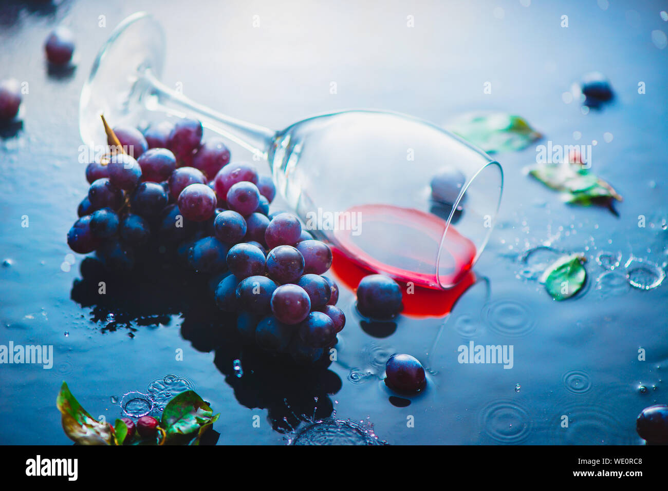 Tall bicchiere da vino con uve sotto la pioggia. Autunno bere la fotografia con spazio di copia Foto Stock