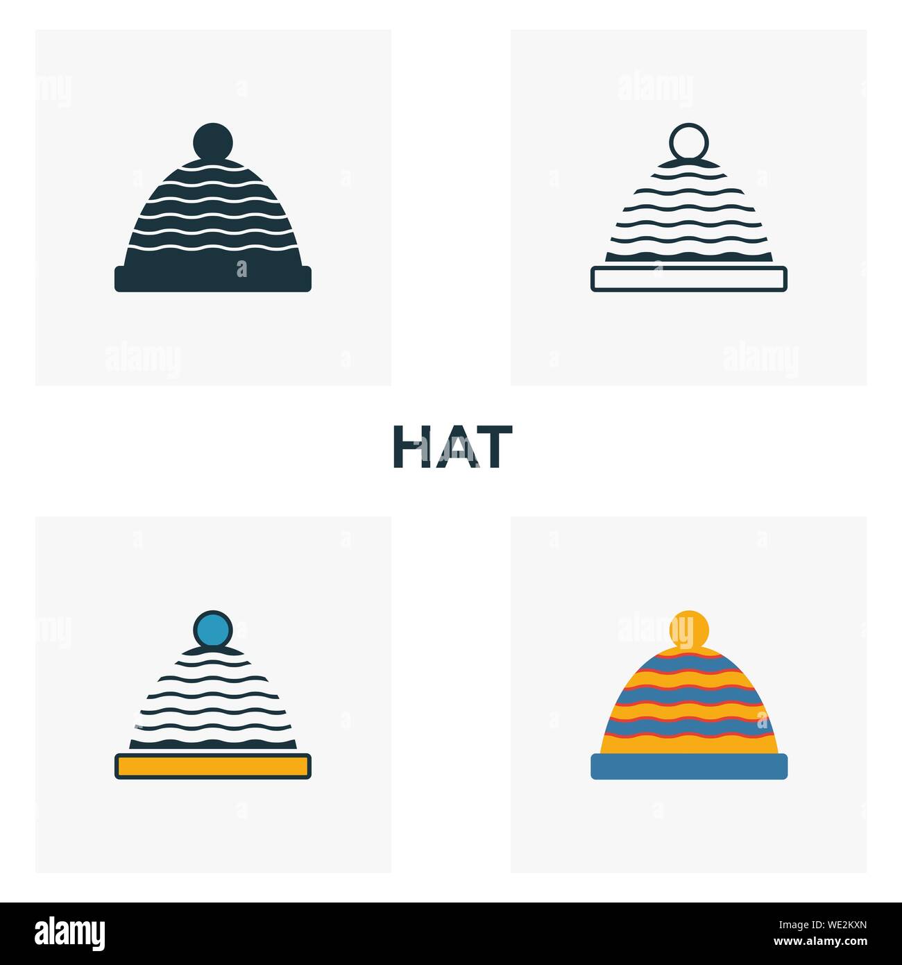 Hat icon set. Quattro elementi in diversi stili da capi di abbigliamento raccolta di icone. Creative hat icone riempito, del contorno colorato e simboli di Piana Illustrazione Vettoriale