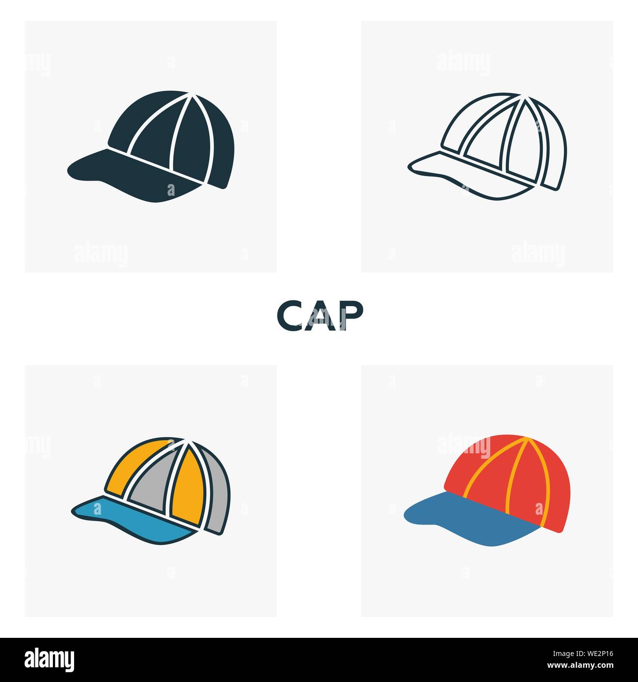 Cap icon set. Quattro elementi in diversi stili da capi di abbigliamento raccolta di icone. Creative icone cappuccio riempito, del contorno colorato e simboli di Piana Illustrazione Vettoriale