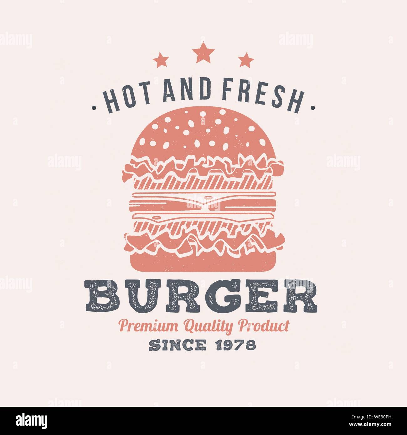 Caldo e fresco burger Retrò design badge. Illustrazione Vettoriale. Vintage design per cafe, ristorante, pub o fast food business. Modello per il ristorante oggetti identità, imballaggio e menu Illustrazione Vettoriale