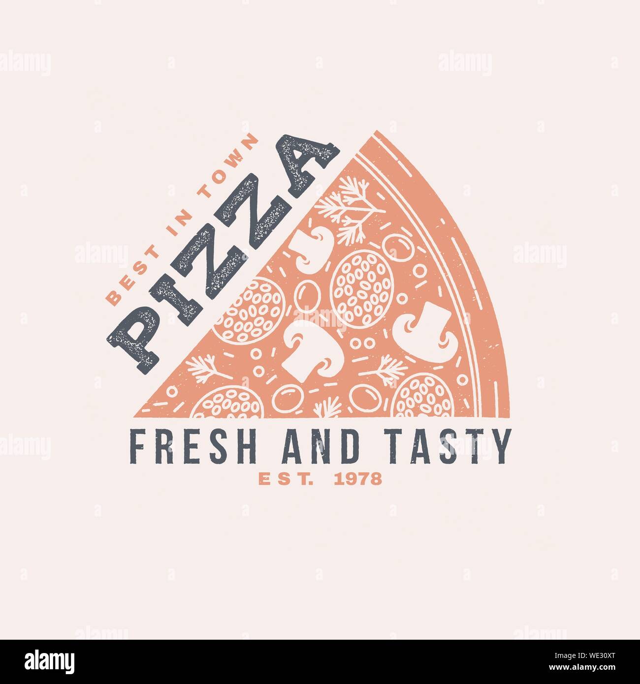 Caldo e fresco pizza Retrò design badge. Illustrazione Vettoriale. Vintage design per cafe, ristorante, pub o fast food business. Modello per il ristorante oggetti identità, imballaggio e menu Illustrazione Vettoriale