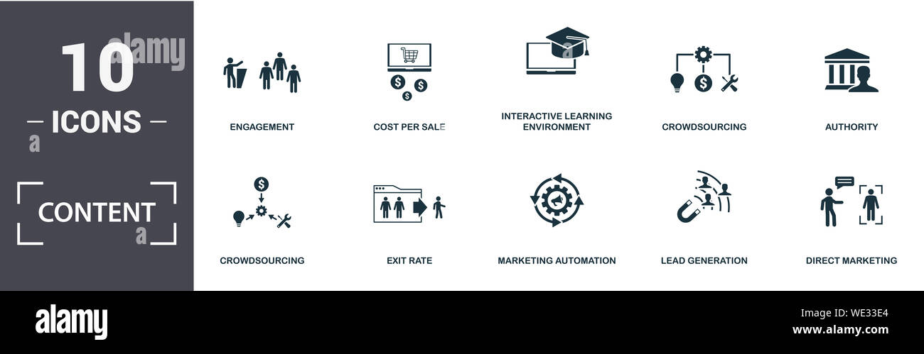 Icona Contenuto impostato. Contengono riempito flat crowdsourcing, crowdsourcing, impegno, Exit rate, ambiente di apprendimento interattivo, lead generation icone Foto Stock