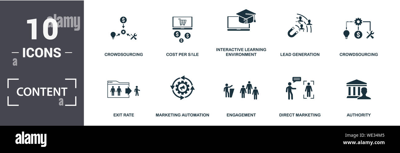 Icona Contenuto impostato. Contengono riempito di contenuti piana ottimizzazione, creatore di contenuti, il marketing virale, virale, split testing, agile icone. Formato modificabile Foto Stock