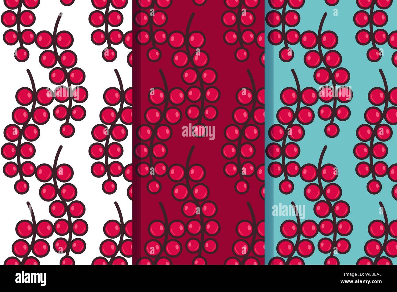 Set di tre modelli di seamless con ribes rosso in uno stile. Illustrazione colorata, eps10. Maschera di ritaglio applicato. Illustrazione Vettoriale