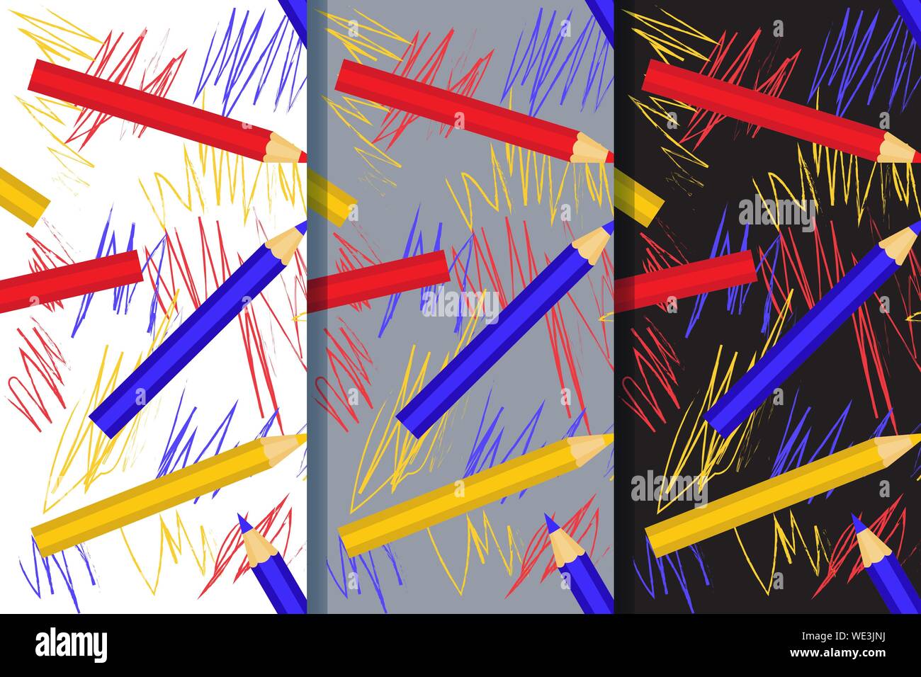 Set di tre modelli di seamless con matite colorate e di disegno per bambini. EPS vettoriali10. Maschera di ritaglio applicato. Illustrazione Vettoriale