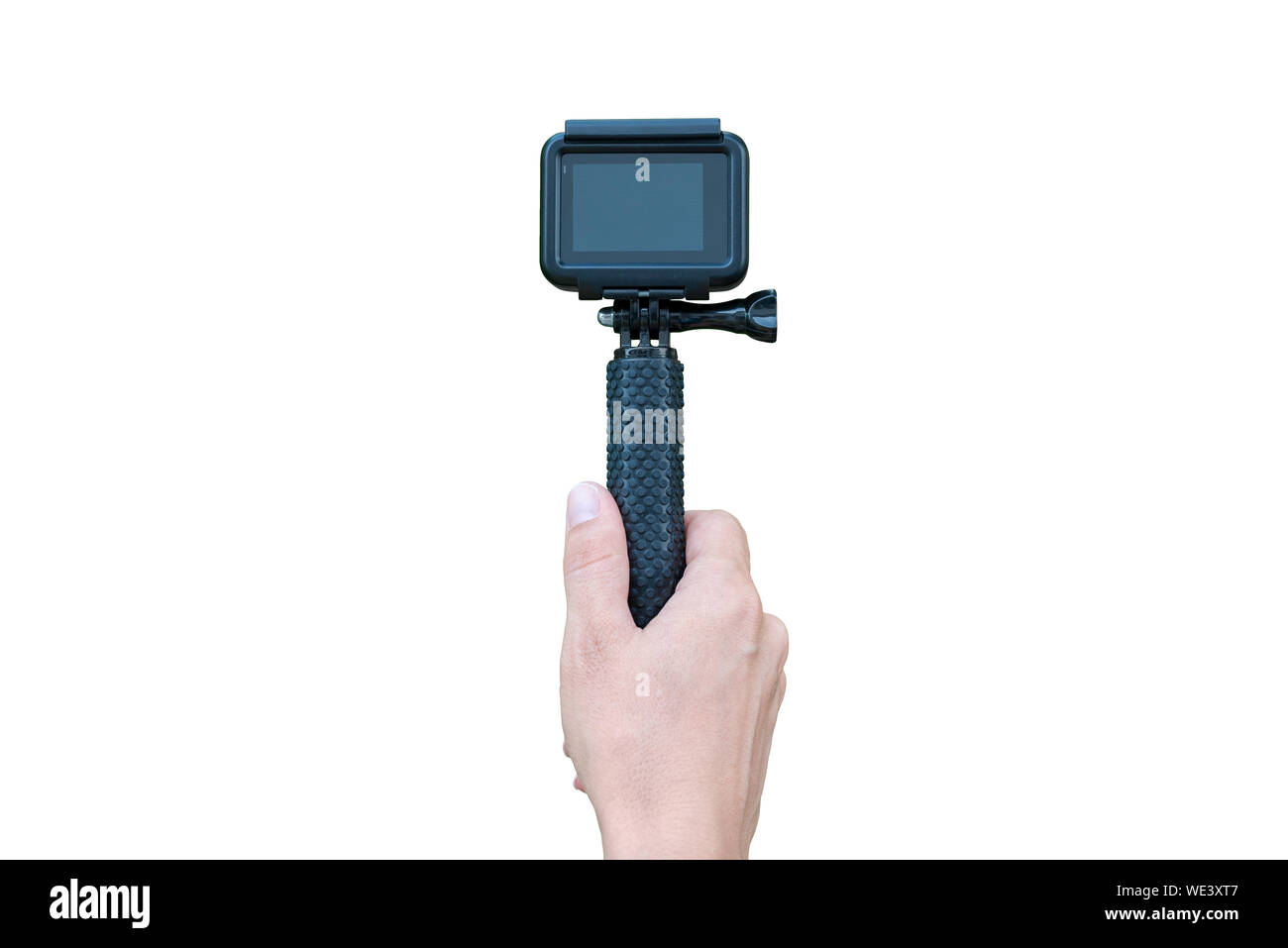 Azione fotocamera sul bastone in mano isolato in bianco. Lo schermo è vuoto per mockup. Foto Stock