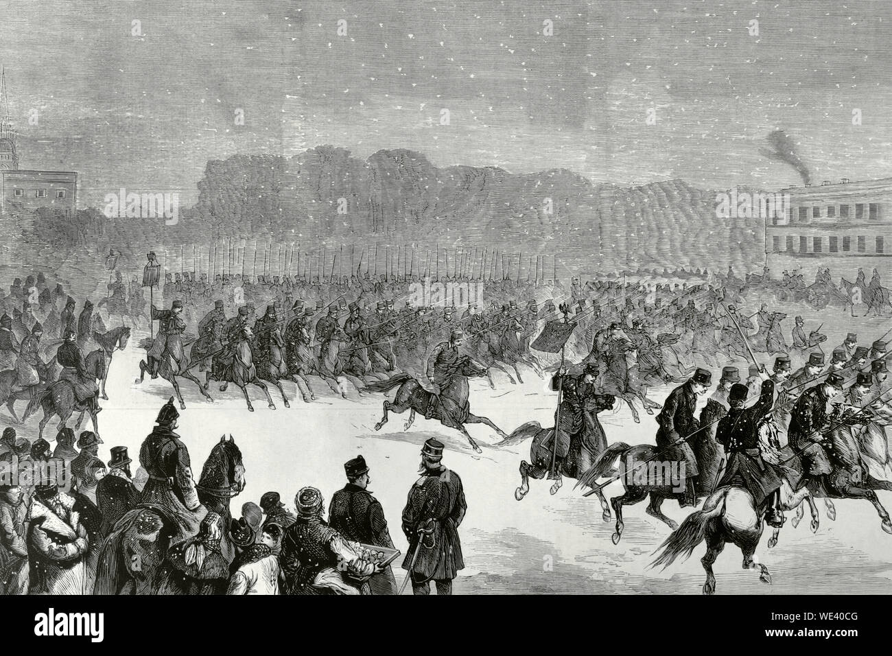 La Russia, San Pietroburgo. Novembre 11, 1876. 40.000 soldati dell'esercito russo formato nel Campo di Marte. Lo Zar Alessandro II (1855-1881), accompagnata dal Granduca Nicholas e il suo staff, rassegna le truppe e presieduto la parata. Soldati di cavalleria durante la parata, composta di cuirassiers, ussari, montato granatieri e cosacchi. Incisione. La Ilustracion Española y americana, 8 dicembre 1876. Foto Stock