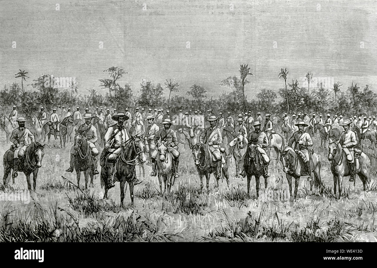 Isola di Cuba. I dieci anni di guerra (1868-1878). Essa era parte di Cuba nella lotta per l'indipendenza dalla Spagna. Il 10 ottobre 1868, Carlos Manuel de Céspedes e i suoi seguaci indipendenza proclamata, iniziando il conflitto. Una squadra di volontari cubano cautamente in avanzamento in un servizio di esplorazione. Incisione di Capuz. La Ilustracion Española y Americana, 30 dicembre 1876. Foto Stock