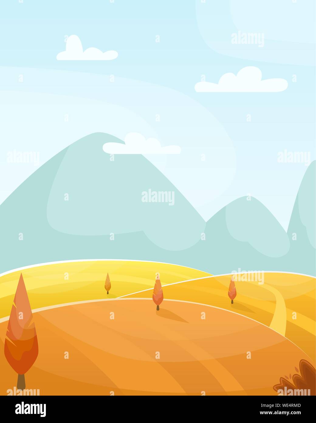 Appartamento autunno vector cartoon paesaggio. I campi con alberi e montagne sullo sfondo. Cielo di nuvole. Illustrazione Vettoriale