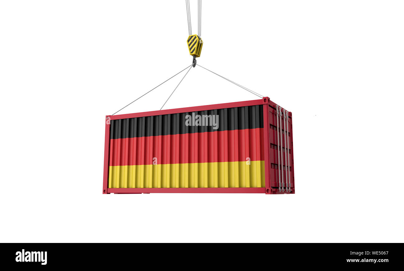 Bandiera della Germania cargo trade contenitore appeso ad una gru. 3D Render Foto Stock