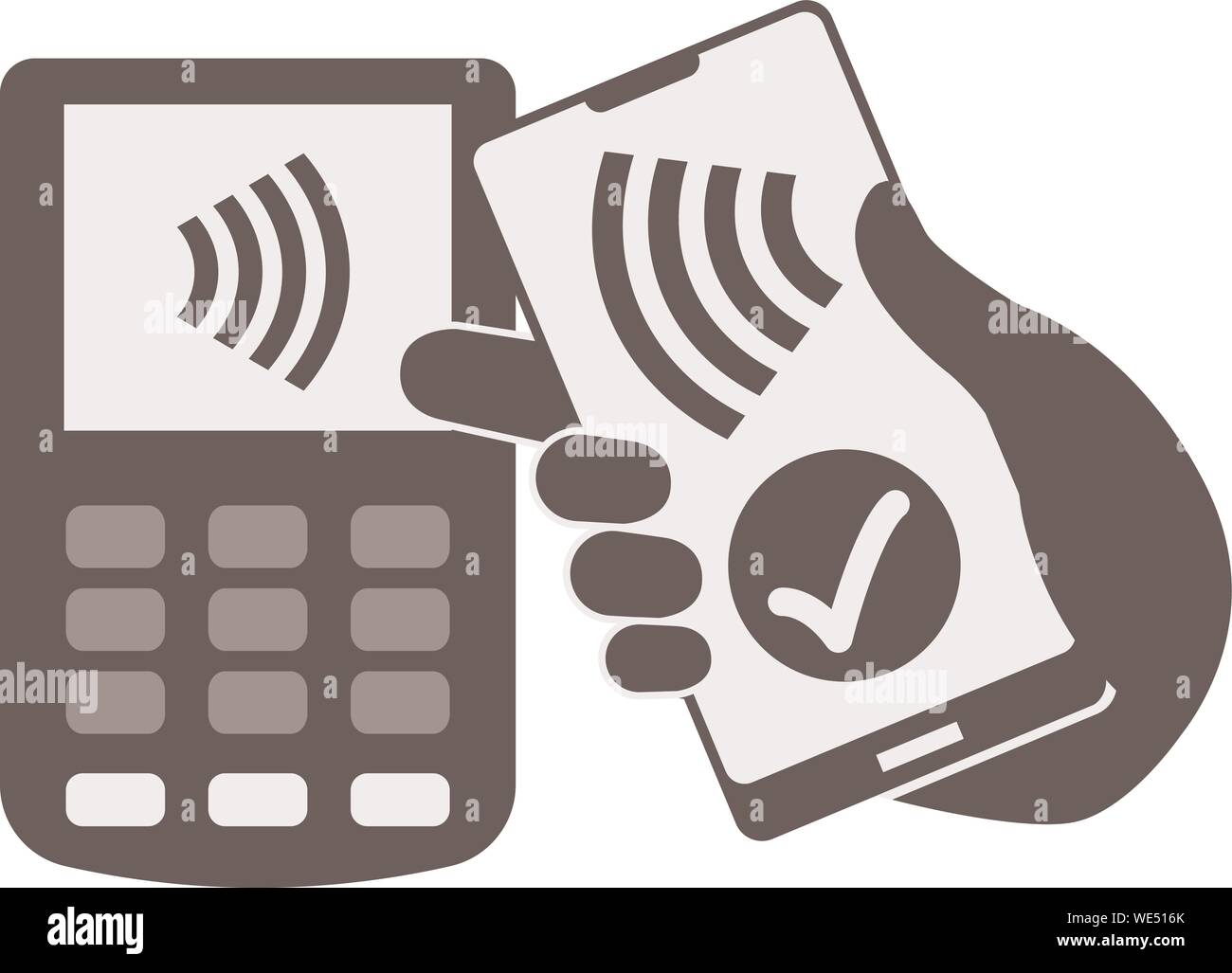 Semplice piatto bianco e nero pagamenti contactless concetto con mano azienda smartphone wireless contro il terminale di pagamento illustrazione vettoriale Illustrazione Vettoriale