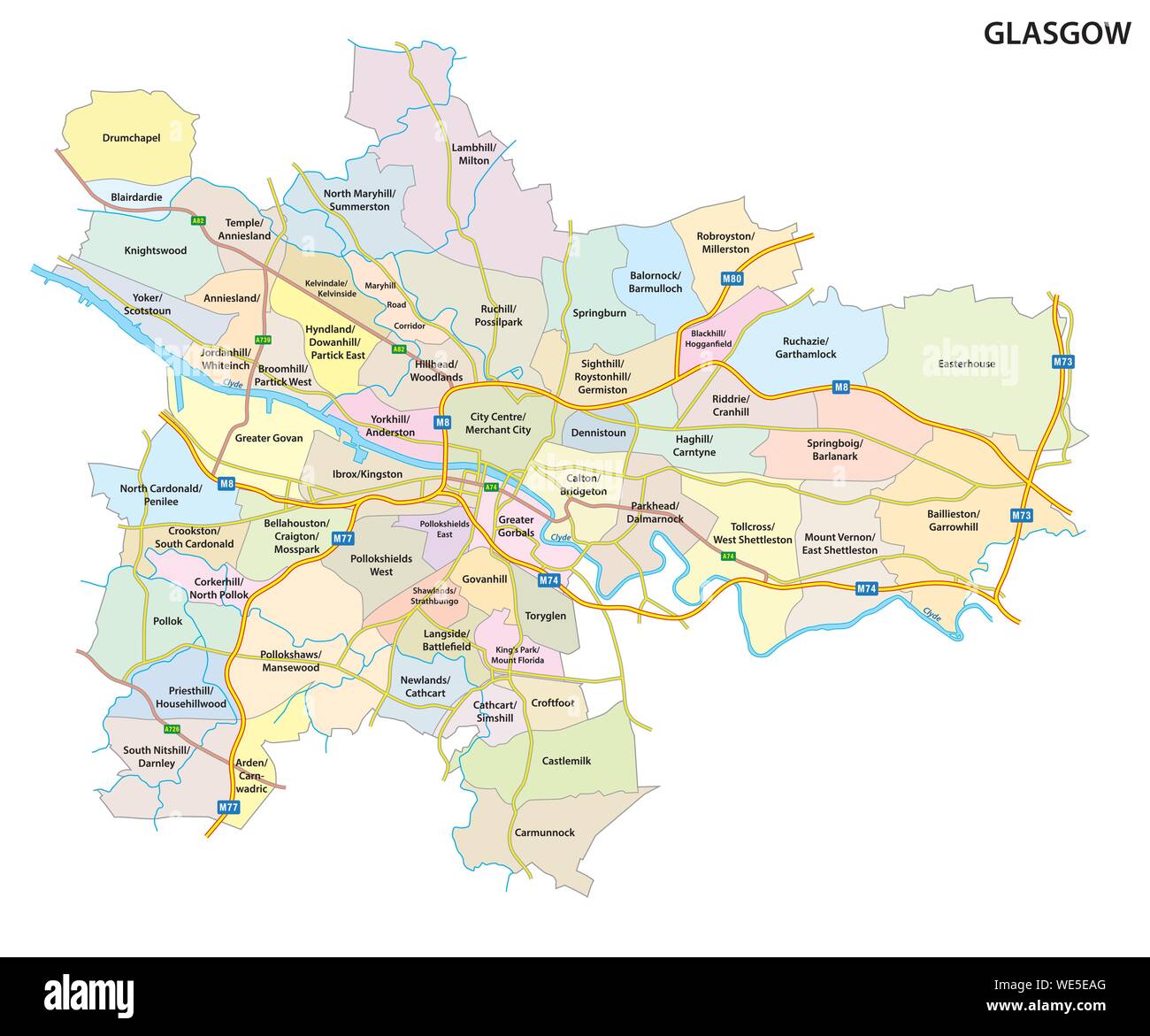 Mappa della città scozzese di Glasgow con strade e tutti i quartieri della città Illustrazione Vettoriale