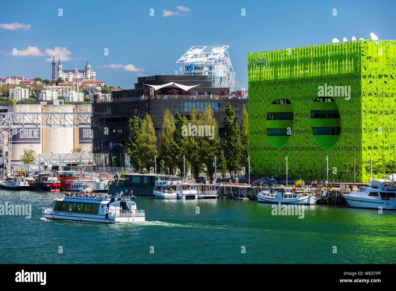 Francia, Rhone, Lione, quartiere di La confluenza nel sud della penisola, primo quartiere francese sostenibile certificate dal WWF, vista del quai Rambaud lungo il vecchio dock con il cubo verde, la torre Ycone, il Sucriere e Notre Dame de Fourviere Basilica Foto Stock