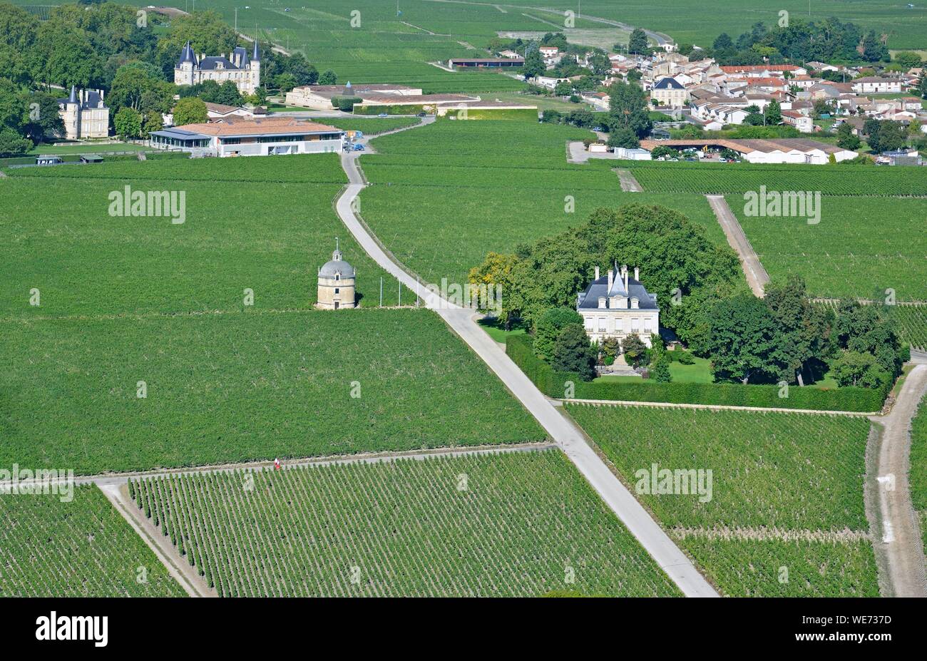 Francia, Gironde, Pauillac, regione Medoc, Chateau Latour dove Premier Grand Cru il vino è prodotto e chateau Pichon Longueville area in background (vista aerea) Foto Stock