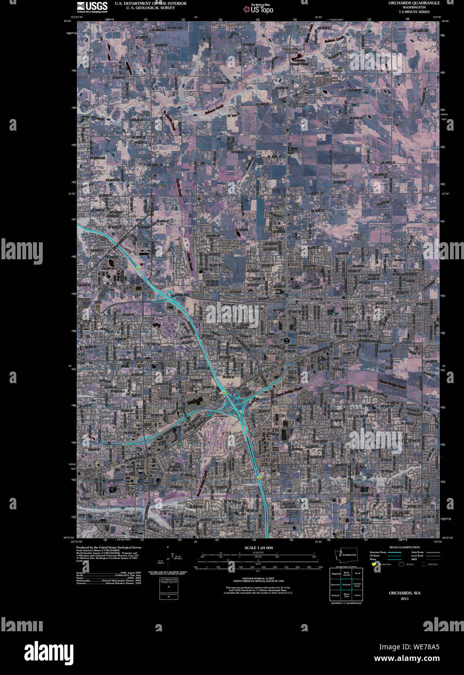 USGS TOPO Map Stato di Washington WA frutteti 20110404 TM restauro invertito Foto Stock
