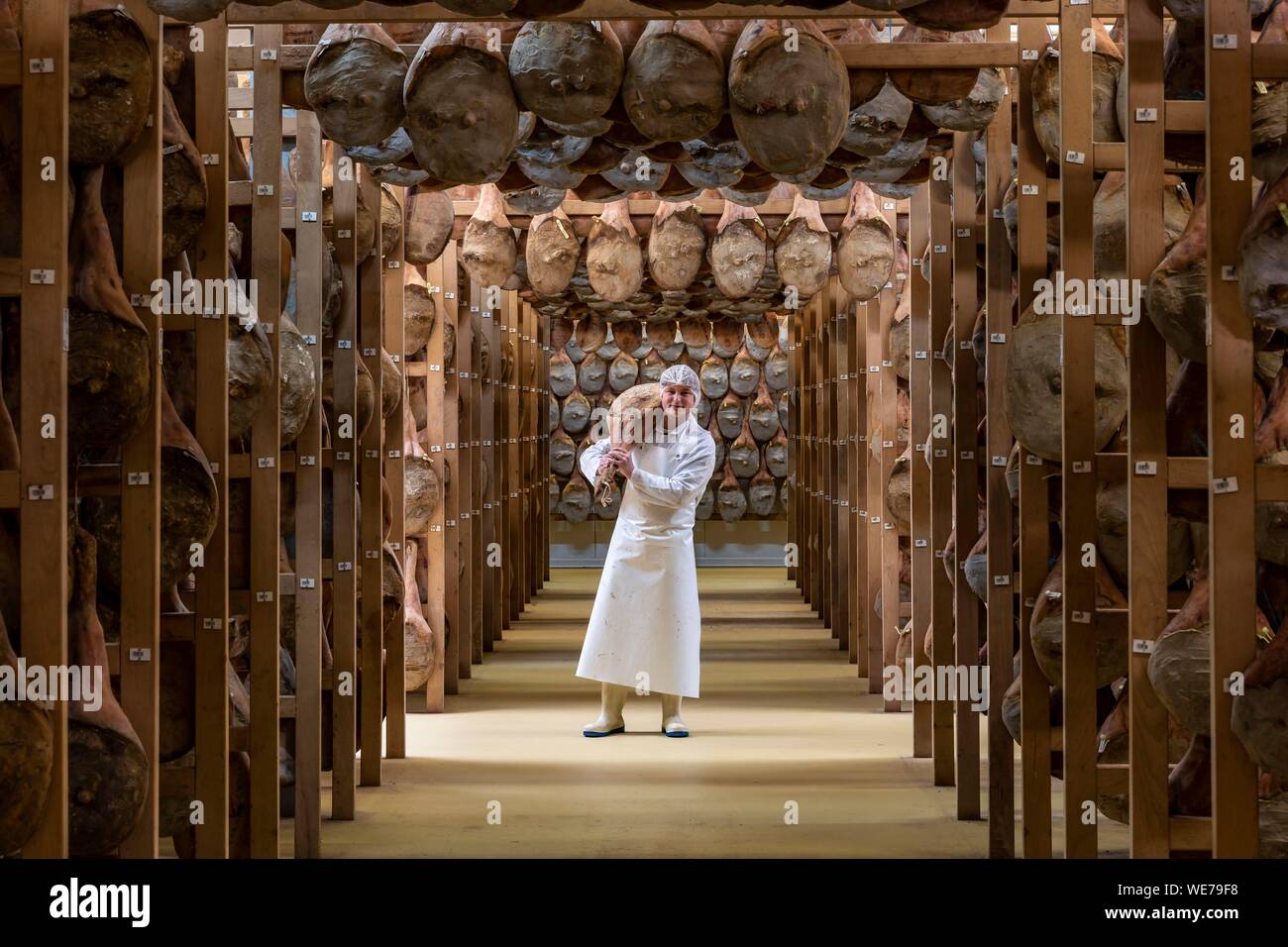 Francia, Pirenei Atlantiques, Paese Basco, Pierre Oteiza, allevatore e artigiano nella valle Aldudes, il prosciutto essiccatore Foto Stock