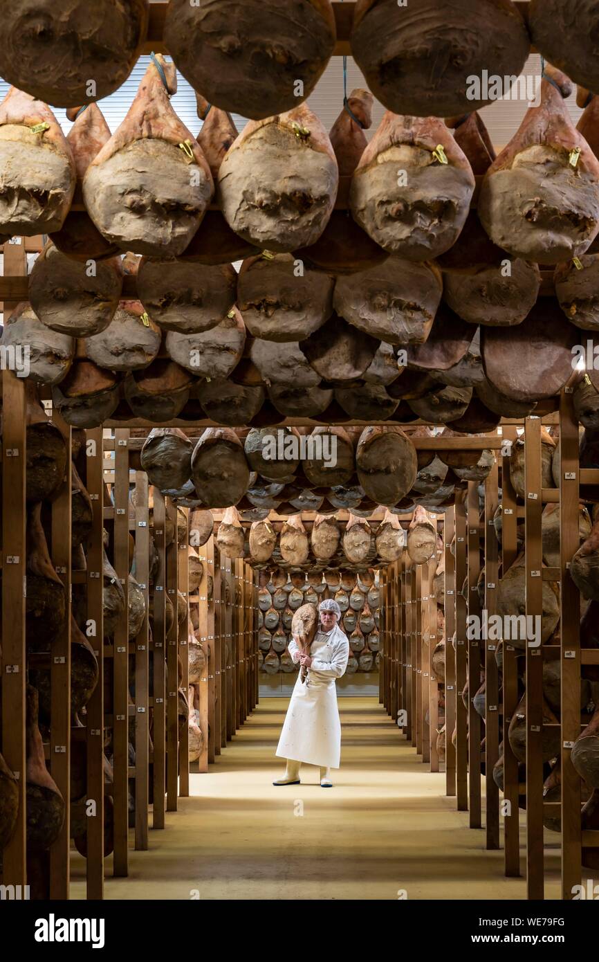 Francia, Pirenei Atlantiques, Paese Basco, Pierre Oteiza, allevatore e artigiano nella valle Aldudes, il prosciutto essiccatore Foto Stock