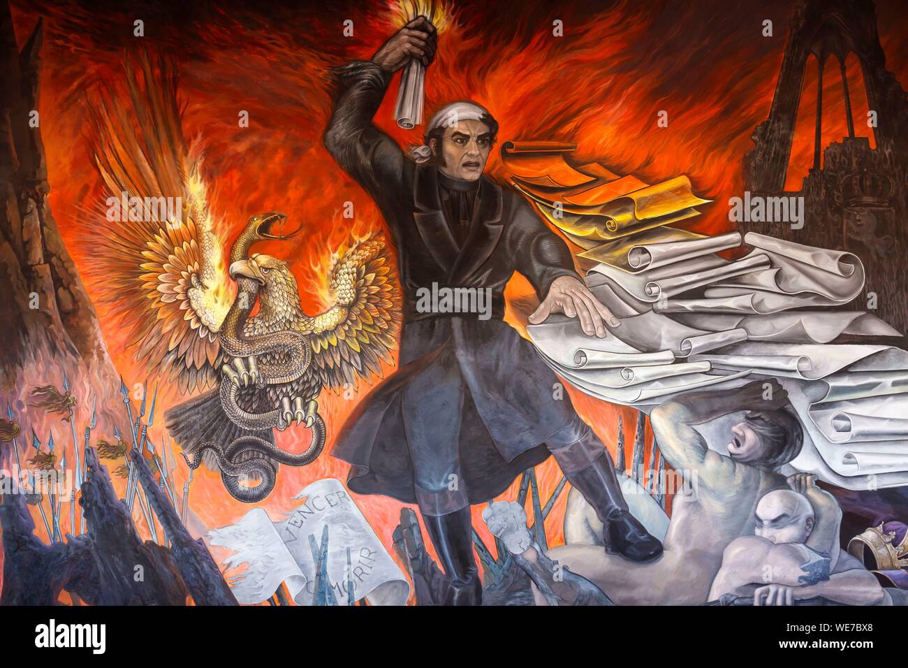 Messico, Michoacan stato, Morelia, centro storico di Morelia elencati come patrimonio mondiale dall' UNESCO, José María Morelos ritratto di Agustin Cardenas Castro nel palazzo di giustizia Foto Stock