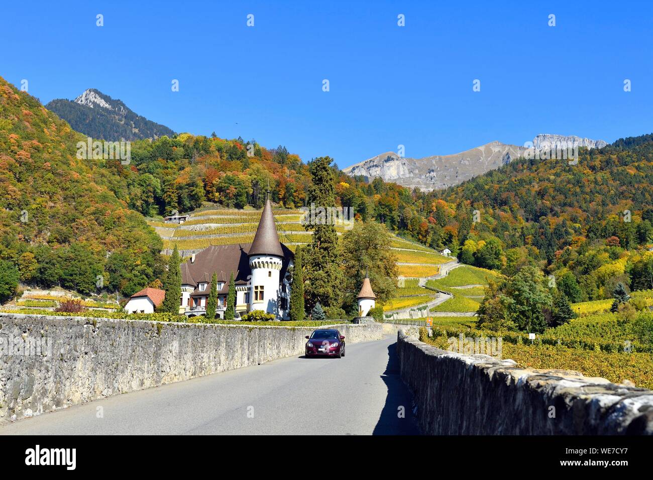 La Svizzera, nel Cantone di Vaud, Yvorne, cittadina circondata da vigneti Foto Stock