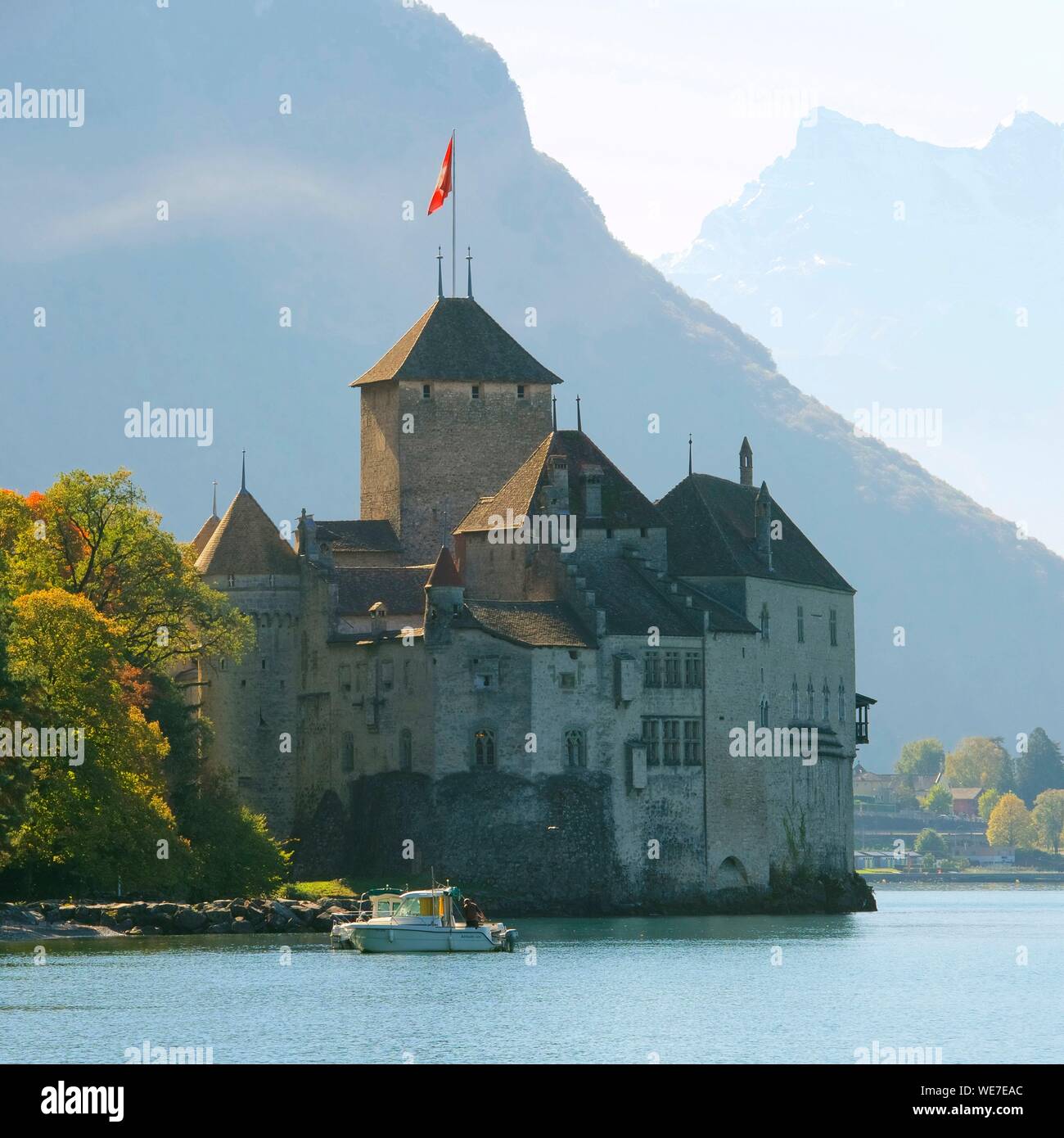 Suisse, Canton Vaud, sul Lago di Ginevra, Veytaux, Castello di Chillon a sud di Montreux Foto Stock