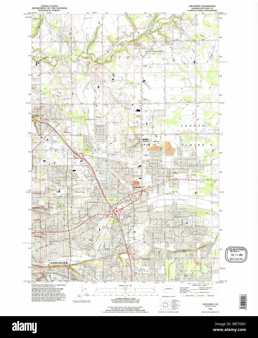 USGS TOPO Map Stato di Washington WA frutteti 242981 1990 24000 Restauro Foto Stock