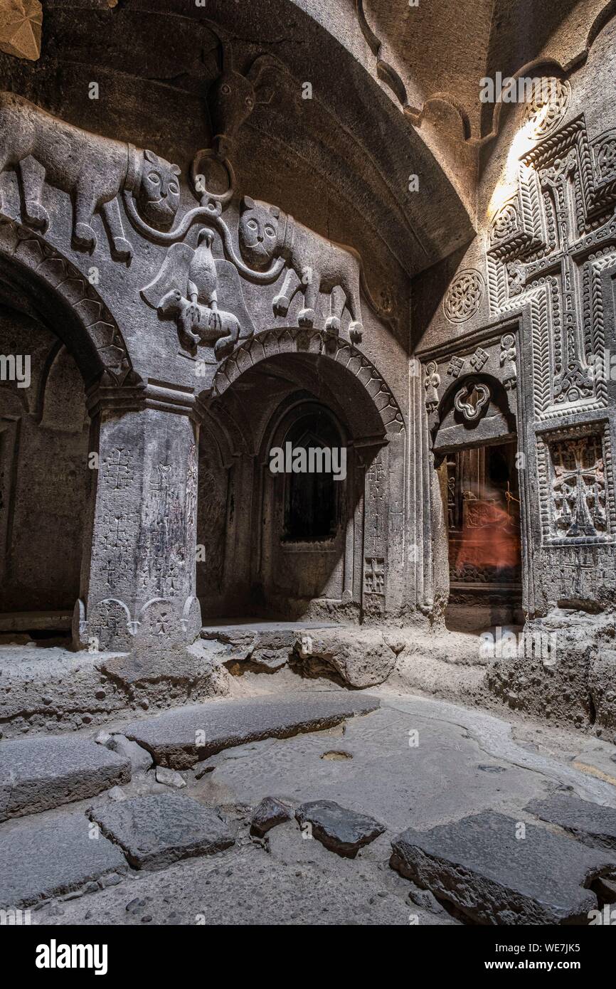 Armenia, regione di Kotayk, Geghard, Geghard monastero medievale elencati come patrimonio mondiale dall' UNESCO Foto Stock