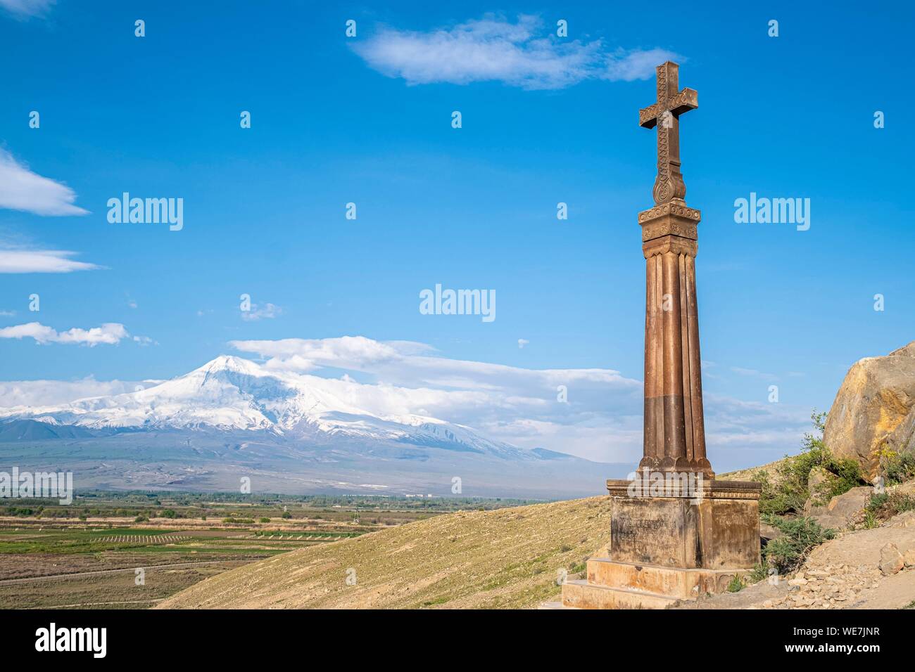 Armenia, Ararat regione, Khor Virap monastero e il monte Ararat Foto Stock