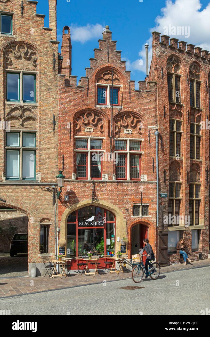 Belgio Fiandre Occidentali, Bruges, centro storico elencati come patrimonio mondiale dall' UNESCO, Jan Van Eyck square, facciate in mattoni con timpani con gradino Foto Stock