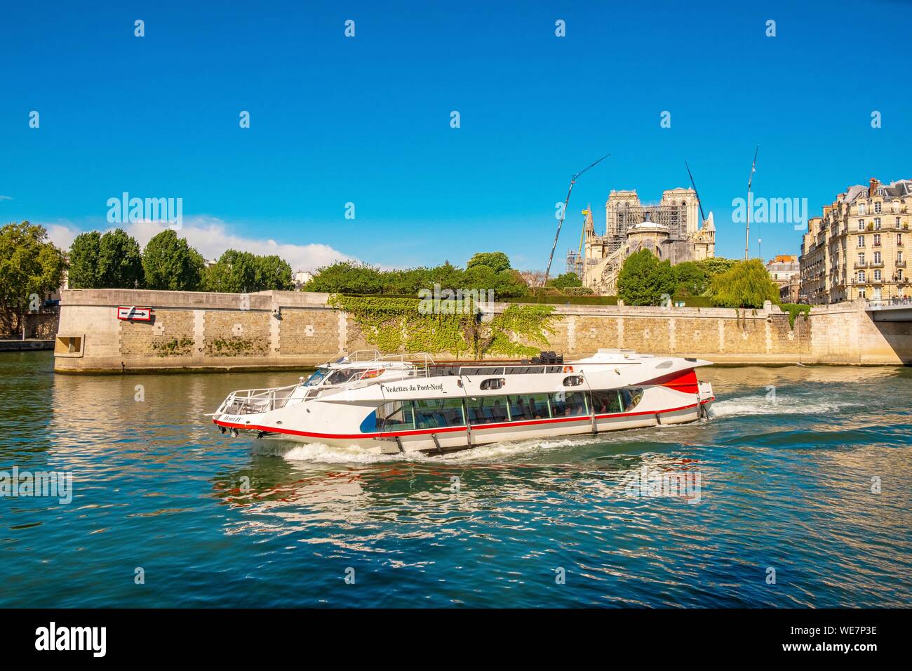 Francia, Parigi, zona elencata come patrimonio mondiale dall' UNESCO, Notre Dame de Paris, e la barca fly Foto Stock