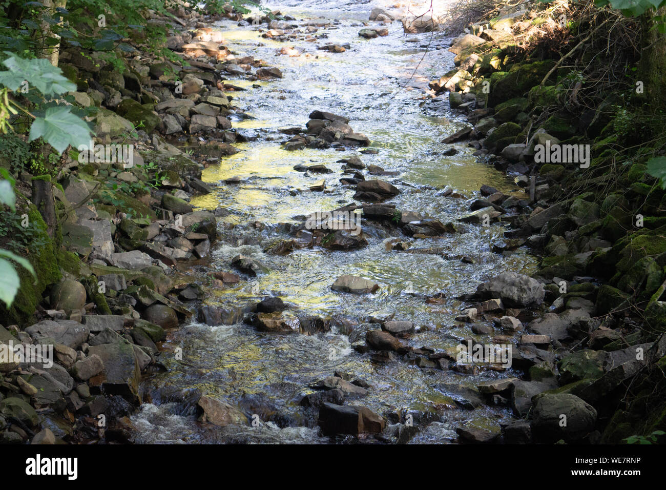 Corrente bassa nel Yorkshire Dales che fluisce dalla forza Hardraw cascata Foto Stock