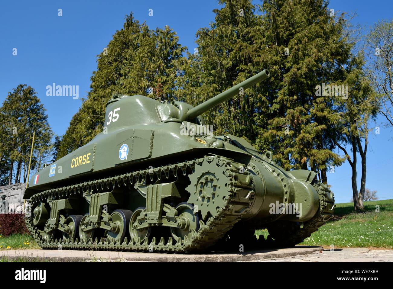 Francia, Vosges, Dompaire, memoriale della battaglia di serbatoi di 2 Db del Gal Leclerc che ha avuto luogo dal 12 al 15 settembre 1944, il serbatoio Sherman Corse Foto Stock