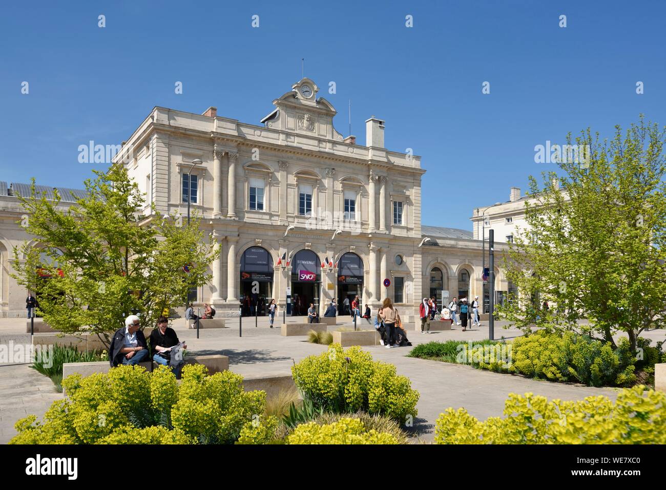 Francia, Marne, Reims, stazione ferroviaria, facciata Foto Stock