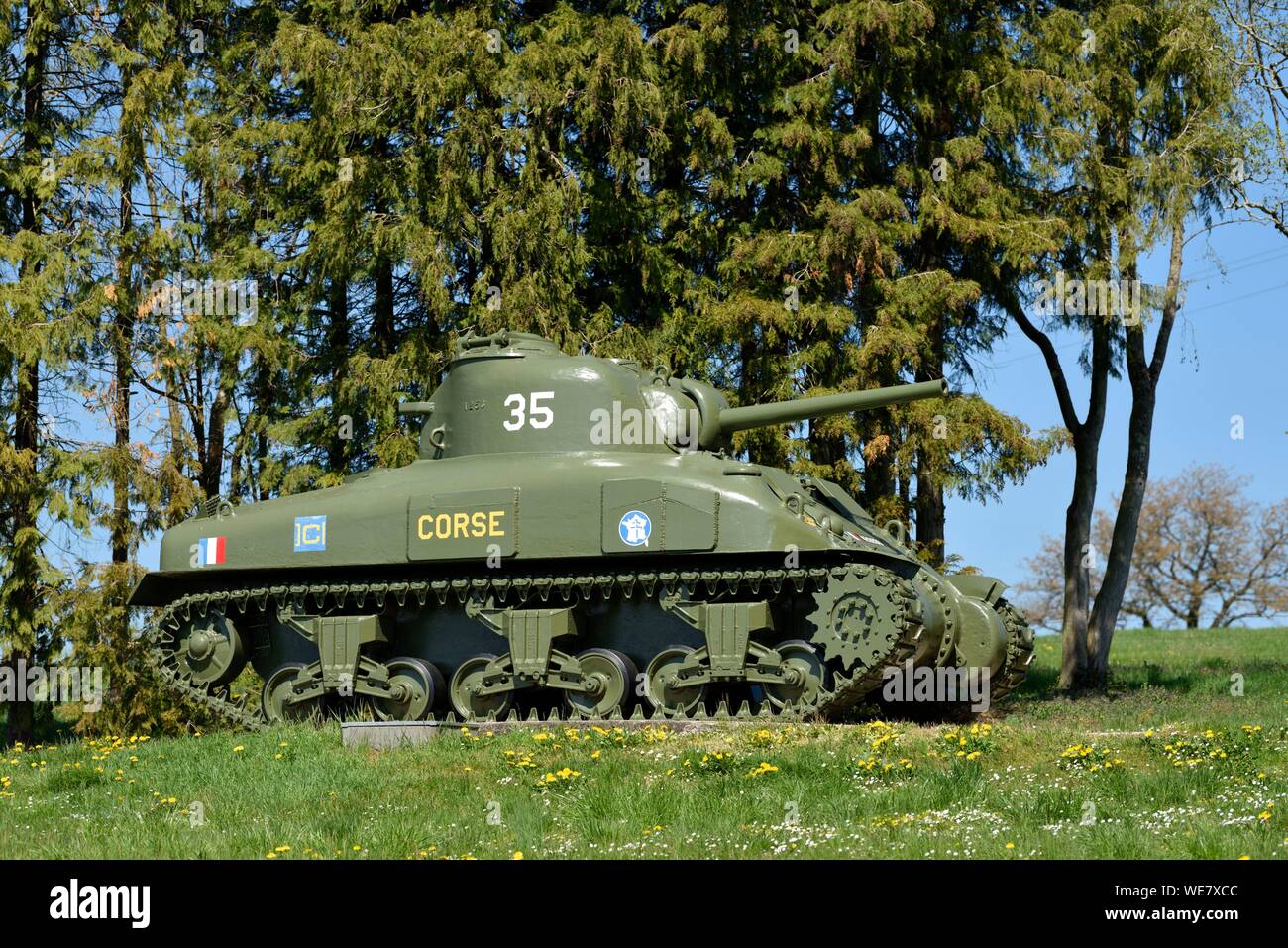 Francia, Vosges, Dompaire, memoriale della battaglia di serbatoi di 2 Db del Gal Leclerc che ha avuto luogo dal 12 al 15 settembre 1944, il serbatoio Sherman Corse Foto Stock